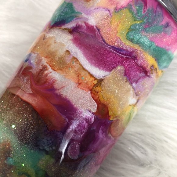 20 Ounce Tumbler Hand-Painted Pinks Pearl Teal Yellow Lid And Straw - Picture 6 of 16